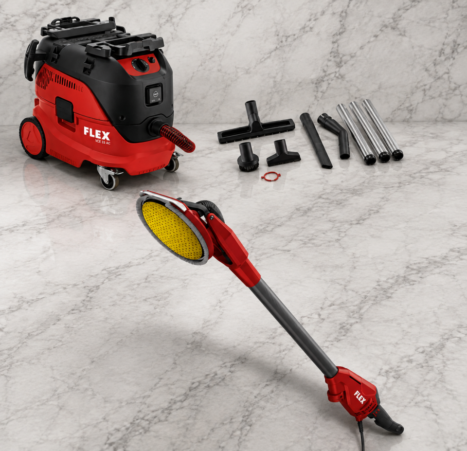 FLEX GE 6 R-EC Giraffe Duvar ve Tavan Alçıpan Zımpara Makinesi+FLEX VCE 33 L AC-Set Otomatik Filtre Temizleme Sistemli Şantiye Tipi Elektrikli Süpürge