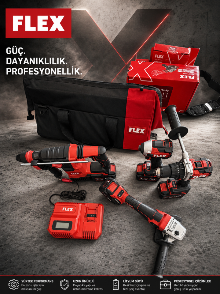 FLEX 4'LÜ SET Akülü Kırıcı-Delici (SDS-Plus) FLEX Akülü Darbeli Vidalama Makinesi FLEX Akülü Darbesiz Matkap/Vidalama FLEX Akülü Avuç Taşlama Makinesi