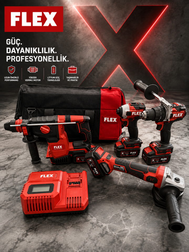 FLEX 4'LÜ SET Akülü Kırıcı-Delici (SDS-Plus) FLEX Akülü Darbeli Vidalama Makinesi FLEX Akülü Darbesiz Matkap/Vidalama FLEX Akülü Avuç Taşlama Makinesi